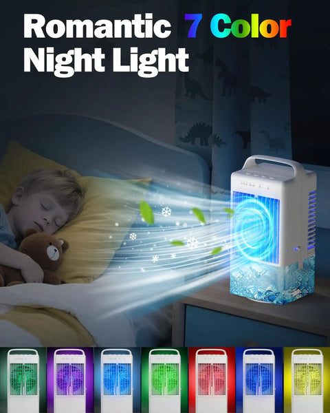 4 In 1 Mini Air Conditioner Fan And Evaporative Cooler With Handle next to sleeping child, showing 7 color LED night light.
