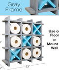 Gray Wooden Toilet Paper Holder With Tic Tac Toe Shelves For Wall Mount Or Freestanding Bathroom Tissue Organizer