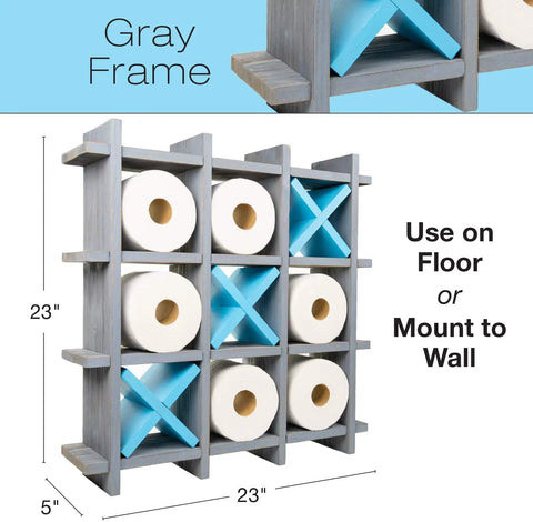 Gray Wooden Toilet Paper Holder With Tic Tac Toe Shelves For Wall Mount Or Freestanding Bathroom Tissue Organizer