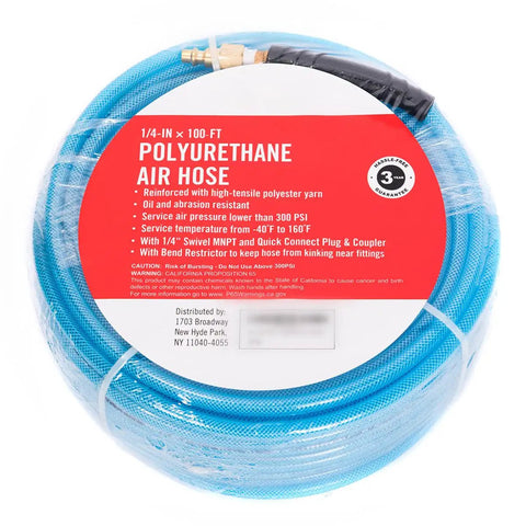 1/4 Inch Air Compressor Hose, 100 Ft Reinforced Polyurethane PU Line With 1/4 Inch Quick Connect Plug And Coupler Fittings, Blue, Heavy Duty