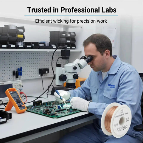 Technician using Desoldering Solder Wick Braid Tool With No Clean Flux Core for PCB under microscope in lab.