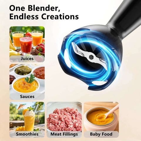 Premium Corded Handheld Immersion Blender Equipped With A 15000Rpm Motor And Razor Sharp Stainless Blades For No Sweat Soup Mixing And Smooth Purees In Every Kitchen blending sauces, soups, and smoothies in a kitchen.