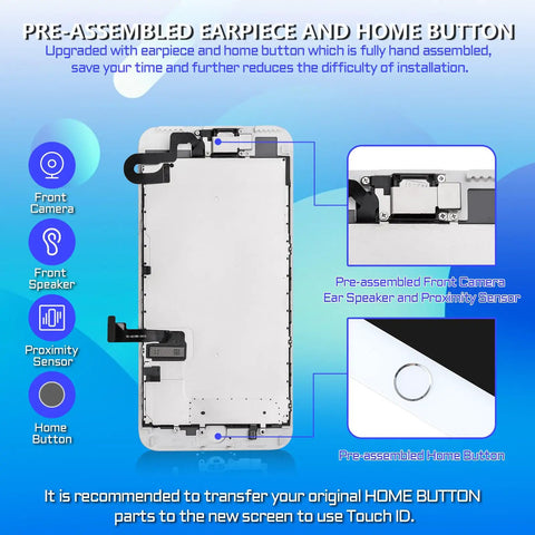 Iphone 7 Plus Screen Replacement Complete Assembly With Home Button White 5.5 Inch LCD Digitizer 3D Touch Front Glass Front Camera Ear Speaker Repair Tool Kit A1661 A1784 A1785 with pre-assembled components displayed.