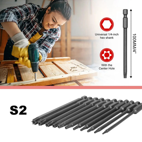 Woman using a drill with 11 Piece Killer Security Torx Bit Set Tamper Proof Star Driver Bits Solid S2 Steel 4 Inch Length