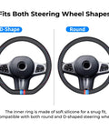 Top Shelf Nappa Leather Steering Wheel Cover Compatible With BMW 15 Inch Standard Wheels Precision Fit showing D-shape and round steering wheels.
