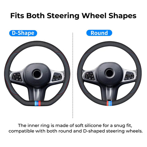Top Shelf Nappa Leather Steering Wheel Cover Compatible With BMW 15 Inch Standard Wheels Precision Fit showing D-shape and round steering wheels.