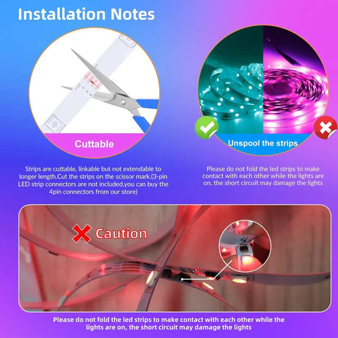 Installation guide for Dream Color LED Light Strip With Dynamic Chasing Effects And 180 LEDs Spanning 32.8 Feet, showcasing cutting and unspooling instructions.