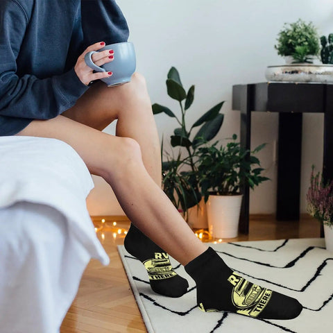 Person wearing 'Are We There Yet Ankle Socks Five Pair Pack Moisture Wicking Athletic Socks For Running And Gym Rapid Sweat Evaporation Keeps Feet Dry'