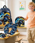 Front view of 5-piece, 18-inch kids luggage set with blue/black truck print: rolling suitcase, lunchbox, neck pillow.