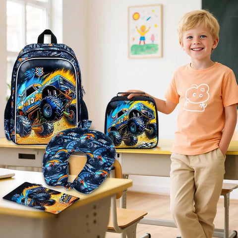 Front view of 5-piece, 18-inch kids luggage set with blue/black truck print: rolling suitcase, lunchbox, neck pillow.