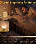 Woman adjusting 4 In 1 Baby Night Light Sound Machine With 35 RGB Colors And 12 White Noise Options, Cordless USB Rechargeable Egg Lamp in nursery.
