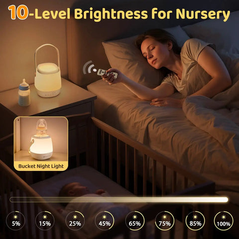 Woman adjusting 4 In 1 Baby Night Light Sound Machine With 35 RGB Colors And 12 White Noise Options, Cordless USB Rechargeable Egg Lamp in nursery.