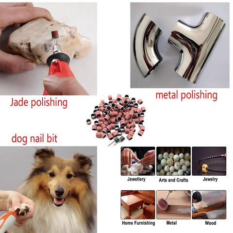 Close-up of All In One Sanding Drum Kit For Dog Nail Grinder And Rotary Tool, 100 Pcs 80 Grit Sanding Bands With 1 8th Inch Mandrels for polishing.