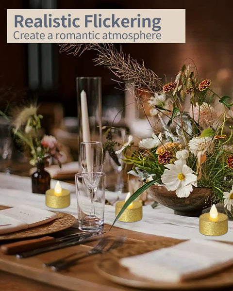 Battery Operated LED Tea Lights 24 Pack Gold Flameless Votive Tealights With Warm White Flickering Light on wedding table decor