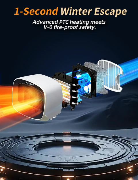Exploded view of Tiny Yet Mighty Space Heater 2 Pack White 1200W PTC fast heating with safety features illustrated.