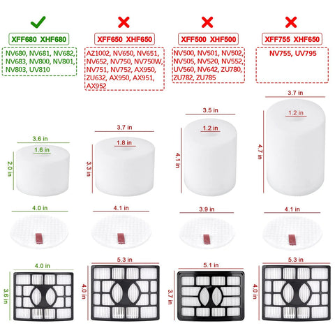 Leadaybetter 2+4 pack replacement filters for Shark Rotator DuoClean vacuum; front view diagram of foam and pleated filters with sizes.