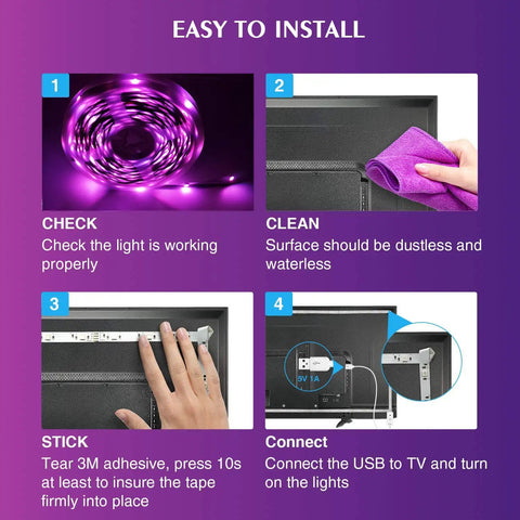 Instructions for installing 8.2ft USB TV Backlight LED Strip Lights For 32 To 58 Inch TVs, 4096 Color DIY Mood Light with remote