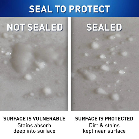 Comparison of surfaces with and without 511 H2O Plus Water Based Penetrating Sealer For Countertops Stone Tile And Grout Indoor Outdoor Odorless Stain Proof Protection Quart Size Great For Marble Granite Travertine And Cement Surfaces Easy To Apply Long Lasting, showing stain protection.