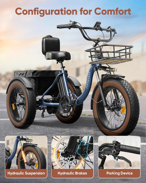 Alaskan Electric Tricycle For Adults With 48V 15Ah Rear Motor Three Wheel Cargo Trike With Large Basket 20 Inch 6061 Aluminum Folding Ebike Frame Blue Built For City Hauls And Weekend Adventures Plus Gift Pack Valued At 1500, blue 3-wheel cargo trike with basket and comfort seat