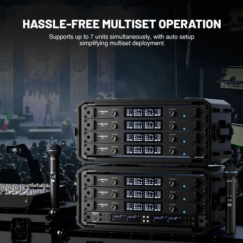 Smart UHF Wireless Microphone System for Live Shows with Dual Cordless Mics, audio receivers on stage