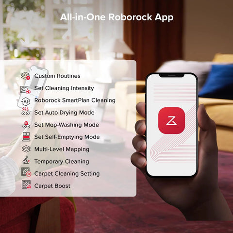 Front view of a smartphone screen displaying the Roborock app for Qrevo S5V robot vacuum and mop with a feature list overlay