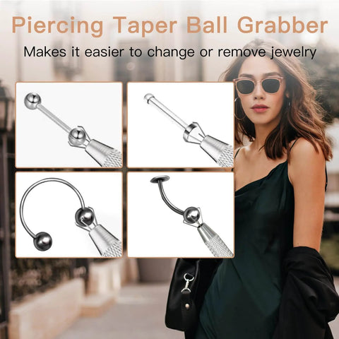 Piercing Taper Ball Grabber Tool for easy jewelry change with flat back earring insertion for 14G-20G nose, ear, lip piercings.