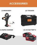 Cordless Ratcheting Cable Cutter accessories including main body, toolbox, rapid charger, and 21V battery for heavy duty use