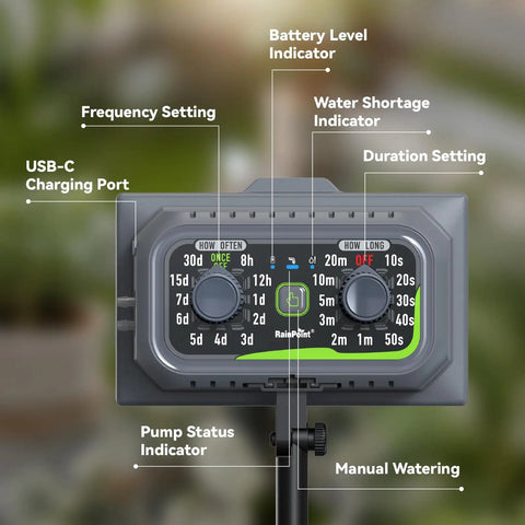 Control panel of Solar Powered Drip Irrigation Kit With No Fuss Rechargeable USB C Power For Indoor And Outdoor Garden Use