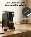 All In One Single Serve Coffee Machine For Ground Coffee K Cup Pods Nespresso Original And Dolce Gusto Pods Hot And Iced Coffee Maker With 20 Bar Espresso And Custom Brew Volume Heats Up In Three Seconds on a kitchen counter with cup sizes displayed