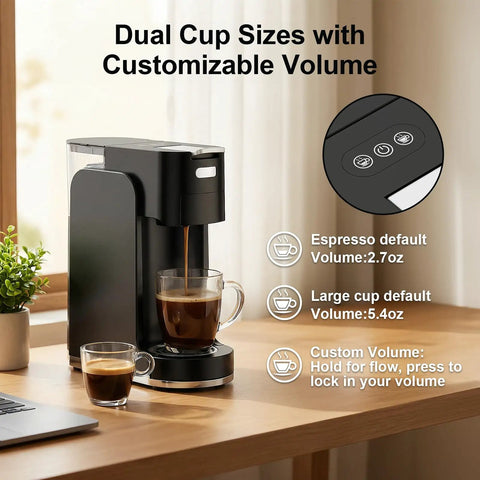 All In One Single Serve Coffee Machine For Ground Coffee K Cup Pods Nespresso Original And Dolce Gusto Pods Hot And Iced Coffee Maker With 20 Bar Espresso And Custom Brew Volume Heats Up In Three Seconds on a kitchen counter with cup sizes displayed