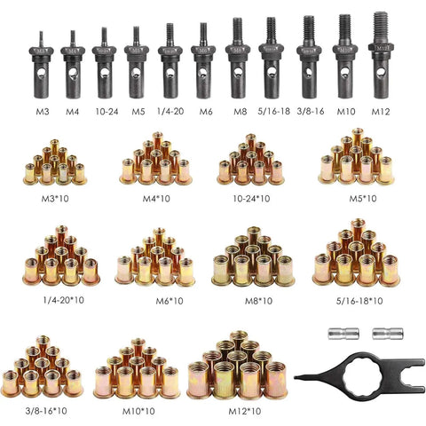 Rivet Nut Tool Kit With 11 Mandrels And 110 Rivet Nuts Beefy Yet Precise set, detailed view of mandrels and rivet nuts