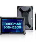 Hardened 10.1 Inch Rugged Tablet With Android 14 And 4G LTE Built Tough To Crush Any Job Site Grind IP65 Rated And MIL STD 810H Certified 8GB RAM 128GB Memory 10000mAh Battery, front and back view with stylus.