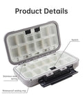 Open Double Sided Waterproof Tackle Storage Box With 16 Compartments, showing durable latch, gray, with stainless steel spring.