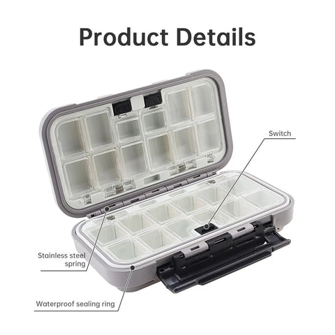 Open Double Sided Waterproof Tackle Storage Box With 16 Compartments, showing durable latch, gray, with stainless steel spring.