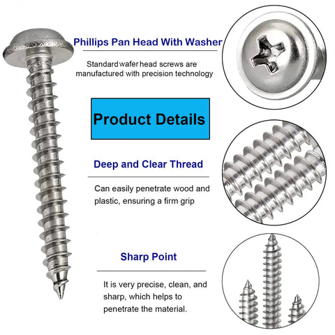 Tiny Phillips Pan Head Self Tapping Screws With Washer 304 Stainless Steel Assortment Kit Micro M2 M2.3 M2.6 M3 close-up details