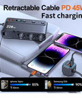 Heavy Duty Cigarette Lighter Splitter With 45W Retractable Type C Car Charger Cable connected to smartphones on car console.