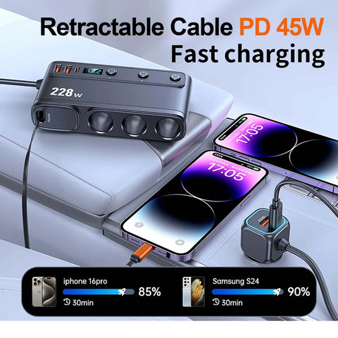 Heavy Duty Cigarette Lighter Splitter With 45W Retractable Type C Car Charger Cable connected to smartphones on car console.