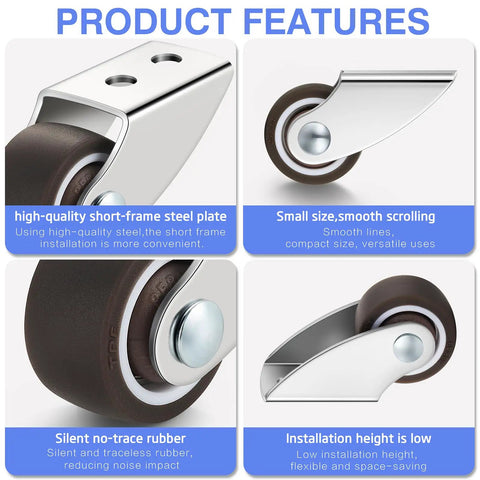 8 Pack Low Profile Caster Wheels 1 Inch Non Swivel Fixed Casters Silent Rubber Tread showcasing steel plate and smooth scrolling features.