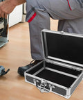 Rock Solid Portable Aluminum Alloy Toolbox With Lockable Handle And Ample Hardware Storage Featuring Sleek Modern Design opened and ready for use.