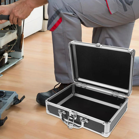 Rock Solid Portable Aluminum Alloy Toolbox With Lockable Handle And Ample Hardware Storage Featuring Sleek Modern Design opened and ready for use.