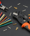 Open Barrel Crimping Tool For Dupont And JST XH VH Connectors 3.96mm 2.54mm 2.5mm Pitch AWG 18 To 28 For Servo Leads And RC Crimp Terminals Pro Grade For Hobbyists with wires and terminals on black background