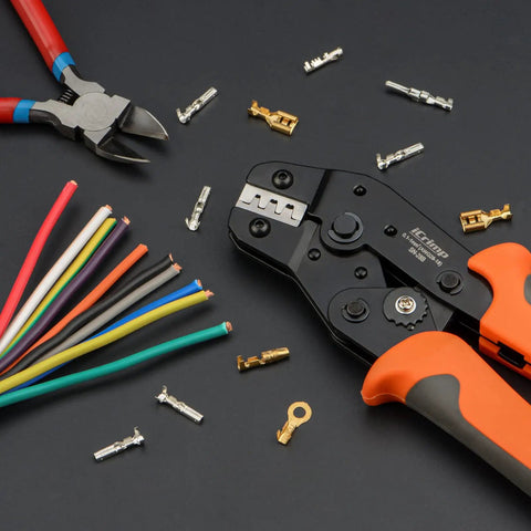 Open Barrel Crimping Tool For Dupont And JST XH VH Connectors 3.96mm 2.54mm 2.5mm Pitch AWG 18 To 28 For Servo Leads And RC Crimp Terminals Pro Grade For Hobbyists with wires and terminals on black background