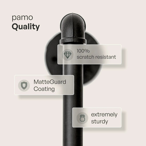 Close-up of Heavy Duty Wall Mounted Shelf Brackets For DIY Industrial Shelving, Black Steel Pipe Design with MatteGuard Coating.