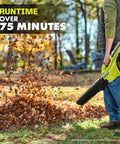 Kick Messy Debris Right Out Of Sight With This Heavy Duty 40 Volt Cordless Leaf Blower in action, clearing leaves effortlessly.