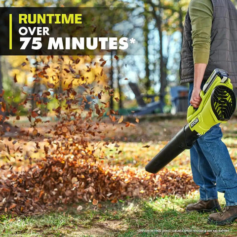 Kick Messy Debris Right Out Of Sight With This Heavy Duty 40 Volt Cordless Leaf Blower in action, clearing leaves effortlessly.