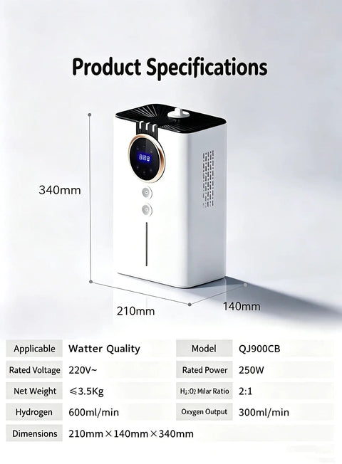 Game Changer High Purity Hydrogen Inhaler With 99.99 Percent Purity, SPE PEM Technology, Dual Port Design, size 340x210x140mm