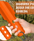 3 In 1 Ultralight Backpacking Trowel Shovel And Potty Tool With Ergonomic Handle shown in orange aluminum for hiking