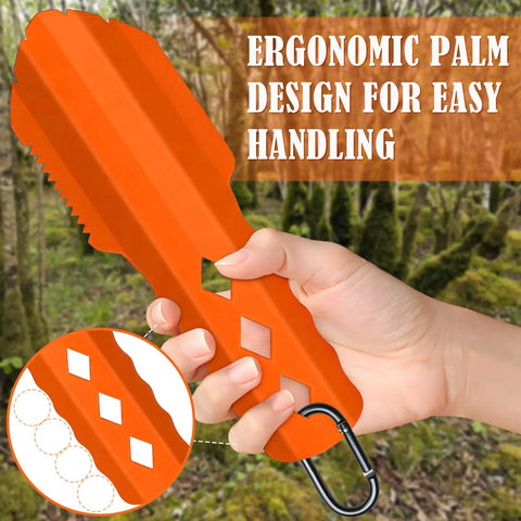 3 In 1 Ultralight Backpacking Trowel Shovel And Potty Tool With Ergonomic Handle shown in orange aluminum for hiking