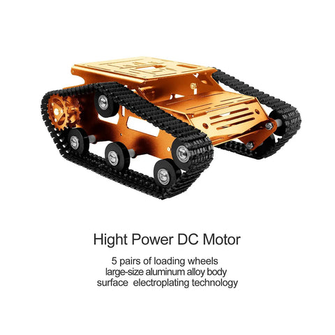 Rock Solid Aluminum Alloy Smart Robot Chassis Kit Rolling Smooth with heavy-duty tracks and knockout DC motors.