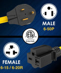 Nema 6-50 To 6-20 Plug Adapter Featuring 10 Awg Stw Wire For Ev Charger And Welder Power Hookup Heavy Duty Shop Ready Solid Gear That Kicks Ass Every Day, showing male and female connectors.